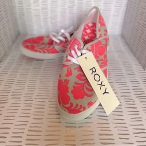 NWT Roxy Hermosa II Womens 8.5 Neon Orange Tan Floral Hibiscus Canvas Sneakers
